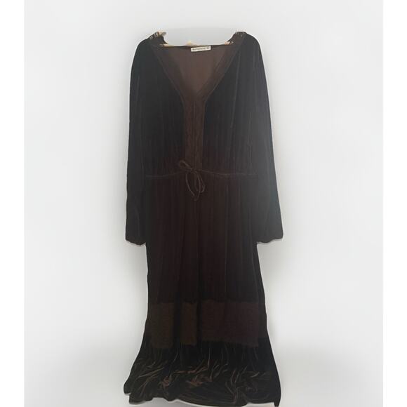 Rusttydustty Maxi Velvet Lace Long Sleeve Chocolate Brown V Neck Boho Dress 4XL - Picture 1 of 8